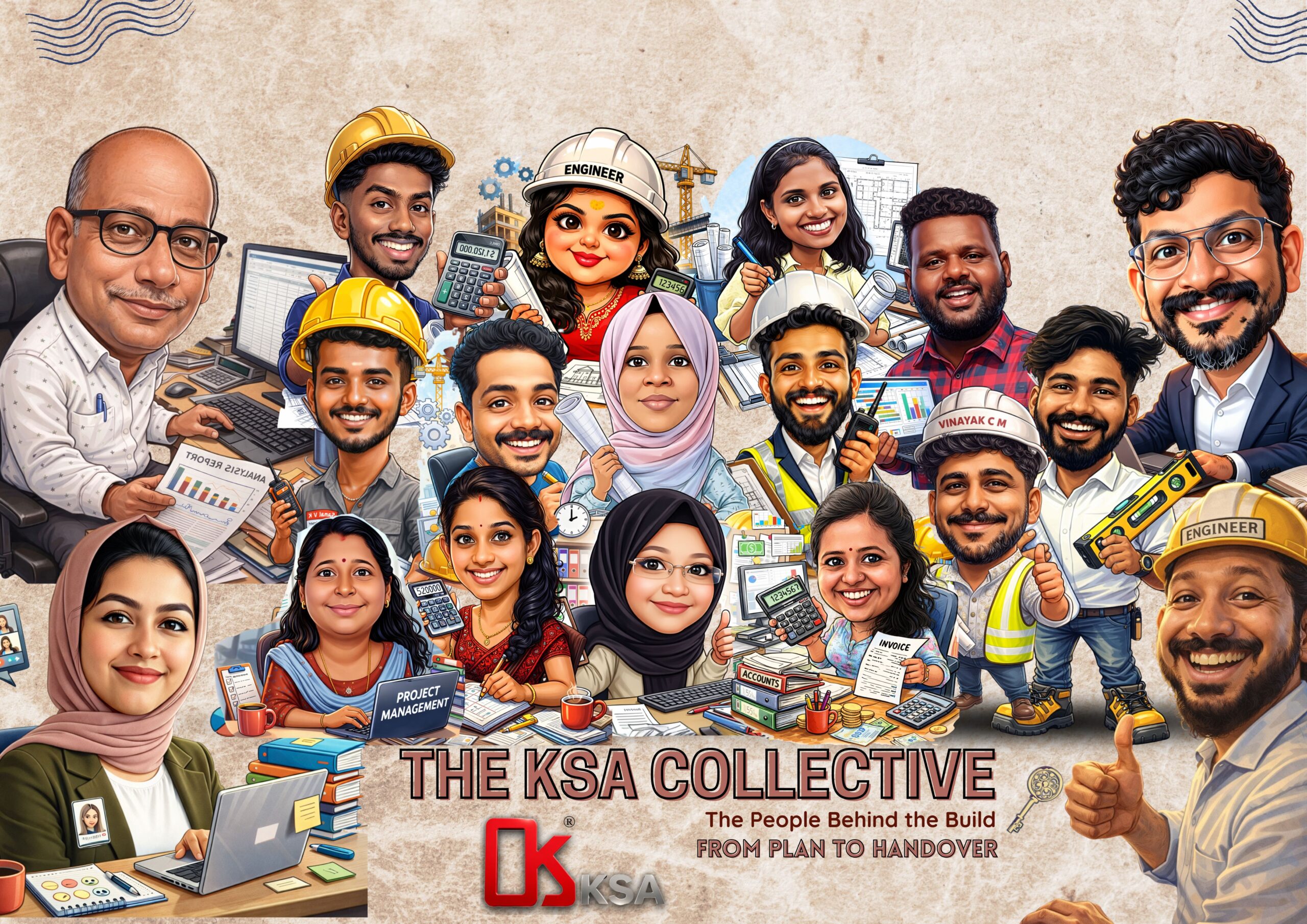 Illustration of the KSA Collective across engineering, project management, accounts and site delivery